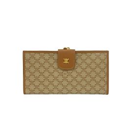 Céline Celine Macadam Triomphe Logo Leather Bifold Clasp Wallet Brown Beige
