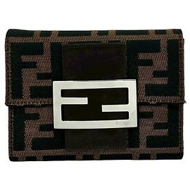 Fendi Zucca FF Leather and Canvas Tri-fold Wallet Brown Black