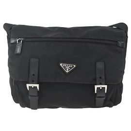 Prada Double Buckle Flap Messenger Bag Tessuto Large Black