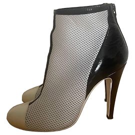 Chanel Ankle Boots White Mesh and Black Patent Leather Black White