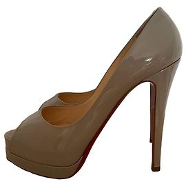 Christian Louboutin Patent Leather Peep-Toe Platform Heels Beige