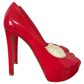 Christian Dior Red Patent Leather Peep-Toe Platform Heels Red