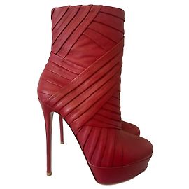 Valentino Red Leather Ruched Platform Ankle Boots Red