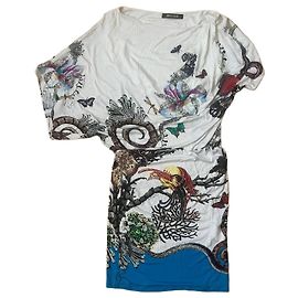 Vestido Branco de Viscose Roberto Cavalli com Estampa de Borboleta e Cobra Branco Multicor
