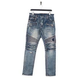 Balmain Repaired Biker Denim Jeans Blue