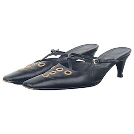 Prada 2000s Square Toe Grommet Kitten Heel Mules Black