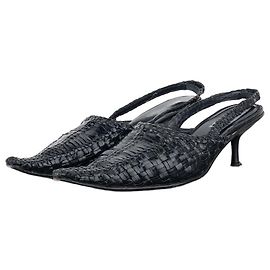 Balmain 2010s Woven Leather Slingback Kitten Heels Black