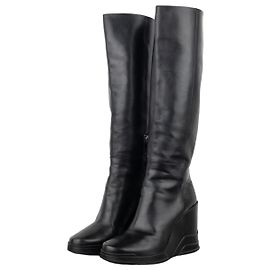 Prada AW14 Knee-High Biker Moto Wedge Boots Black