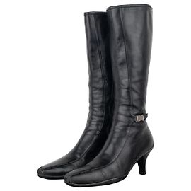 Prada 2000s Knee-High Sports Buckle Kitten Heel Boots Black