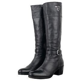 Prada SS06 kniehohe Schnallen-Biker-Stiefel Schwarz