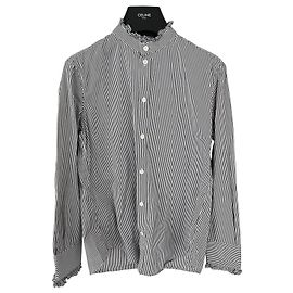 Céline Blouse en coton rayée avec col à volants Noir Blanc