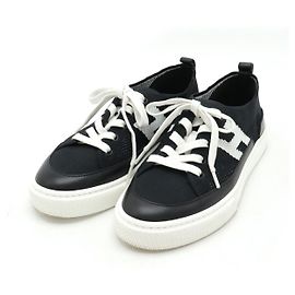 Hermès Tiefe Strick-Leder-Sneaker Schwarz Weiß