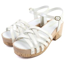 Chanel COCO Mark Patent Leather Sandals Other Cream