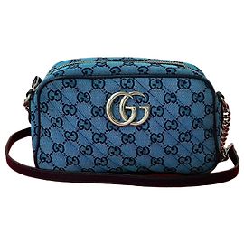 Bolsa de Ombro em Lona e Couro GG Marmont da Gucci Azul Azul marinho