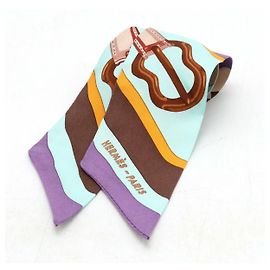 Lenço Hermès Twilly 100% Seda Marrom Azul Multicor Outro