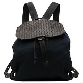 Bottega Veneta Blue Canvas and Nappa Intrecciato Flap Backpack Blue Other Dark brown