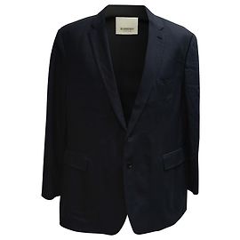 Burberry Single-Breasted Blazer with Pockets in Navy Blue Wool Blue Light blue
