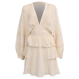 Beige Baumwoll-Mini-Kleid mit Rüschen und Häkelbesatz Iro Figons Beige