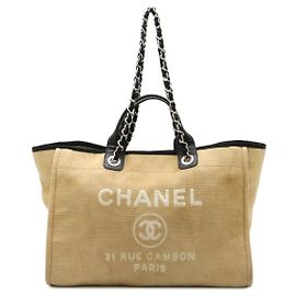 Chanel Deauville Canvas Leather 2way Bag Black Beige