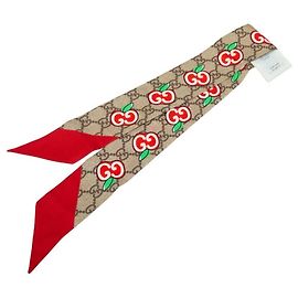 Lazo de cuello de seda multicolor con estampado GG de Apple beige para mujeres GUCCI Castaño