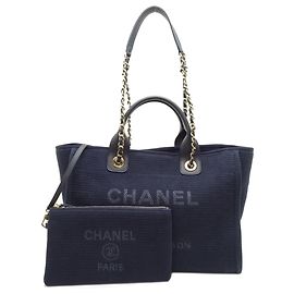 Chanel Deauville Chain Tote Shoulder Bag , Canvas, Navy Blue