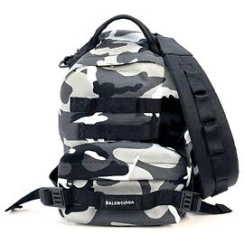 BALENCIAGA Camouflage Army Backpack/Shoulder Bag, Canvas Rucksack, Men's, Gray/Black Black