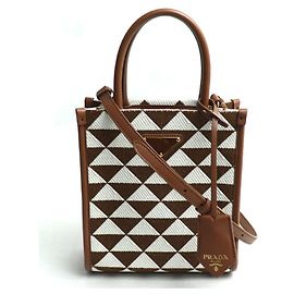 PRADA Bolsa de Ombro de Tecido Bordado com Símbolo Prada Marrom Branco IC Feminina Marrom