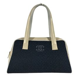 Bolso Boston Matelassé Chanel Blanco Azul marino