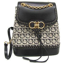 Salvatore Ferragamo Gancini Women's Leather,Canvas Backpack Beige,Black Brown