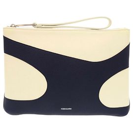 Like new Salvatore Ferragamo Leather Ivory Navy Clutch Bag Second Men's White