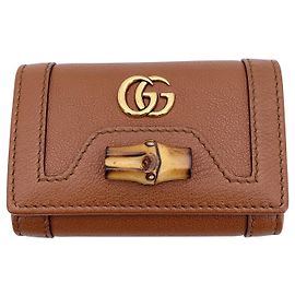 Gucci Brown Leather Bamboo Gold Logo 6 Key Case Holder Pouch Brown