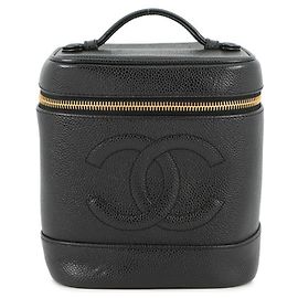 Bolsa Vanity Chanel com marca Coco e pele de caviar, preta Preto