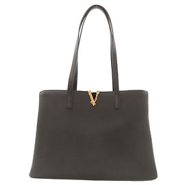 Bolsa tote em couro de bezerro com logo Versace para mulheres. Preto