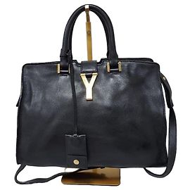 YVES SAINT LAURENT Mousse Couro de Bezerro Liso Pequena Bolsa Cabas ChYc Preta Preto