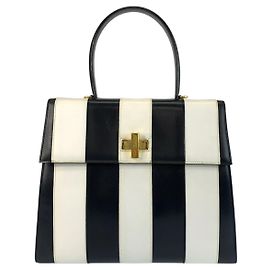 Céline Celine Vintage Turnlock Stripe Leather Handbag White