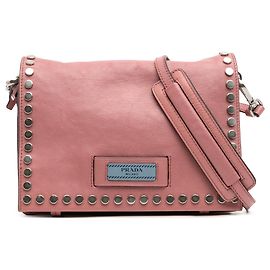 Prada Glace Couro Studded Etiquette Flap Crossbody Rosa