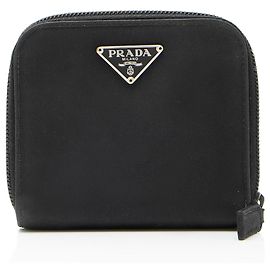 Prada Tessuto Saffiano Compact Bifold Zip Around Wallet Black