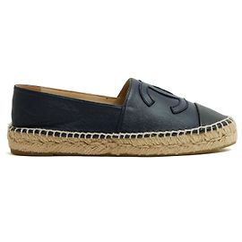 Chanel Two-Tone Leather Espadrilles EU37 CC Navy Blue Flat Shoes UK4 US6.5 Navy blue