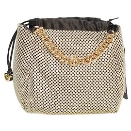 PINKO Atalanta Pequena Bolsa de Malha com Strass Corrente Dourada Bolsa de Balde para a Noite Branco