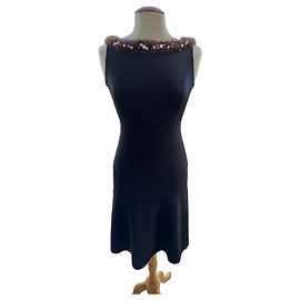 Vestido Blumarine preto de seda bordado com pérolas e pelo Preto