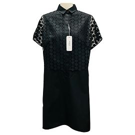 Robe midi en coton et dentelle noire à manches courtes Akris Punto Noir