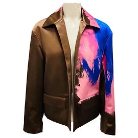 Jaqueta de cetim acolchoada Dries Van Noten com pinceladas marrons / rosas / azuis Marrom