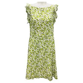 Carolina Herrera Ivory / Green / Black Printed Silk Dress Green