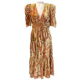 Vestido Midi em Veludo Devoré Loretta da Ulla Johnson Dourado