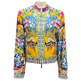 Giacca bomber in seta stampata multicolore gialla Roberto Cavalli Multicolore