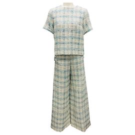 Conjunto de top e calças em tweed xadrez turquesa / marfim de Lisa Marie Fernandez Multicor