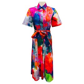Robe midi en coton à manches courtes, boutons devant, multicolore rose/orange/bleu avec ceinture de Prabal Gurung Multicolore