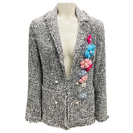 Edward Achour Black / White Fringed Tweed Jacket with Floral Applique Multiple colors