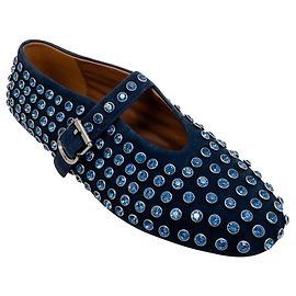 Alaïa Alaia Navy Blue Suede Mary Jane Flats with Crystal Embellishments Navy blue