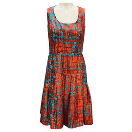 Robe sans manches évasée et plissée imprimée orange / turquoise d'Oscar de la Renta Multicolore